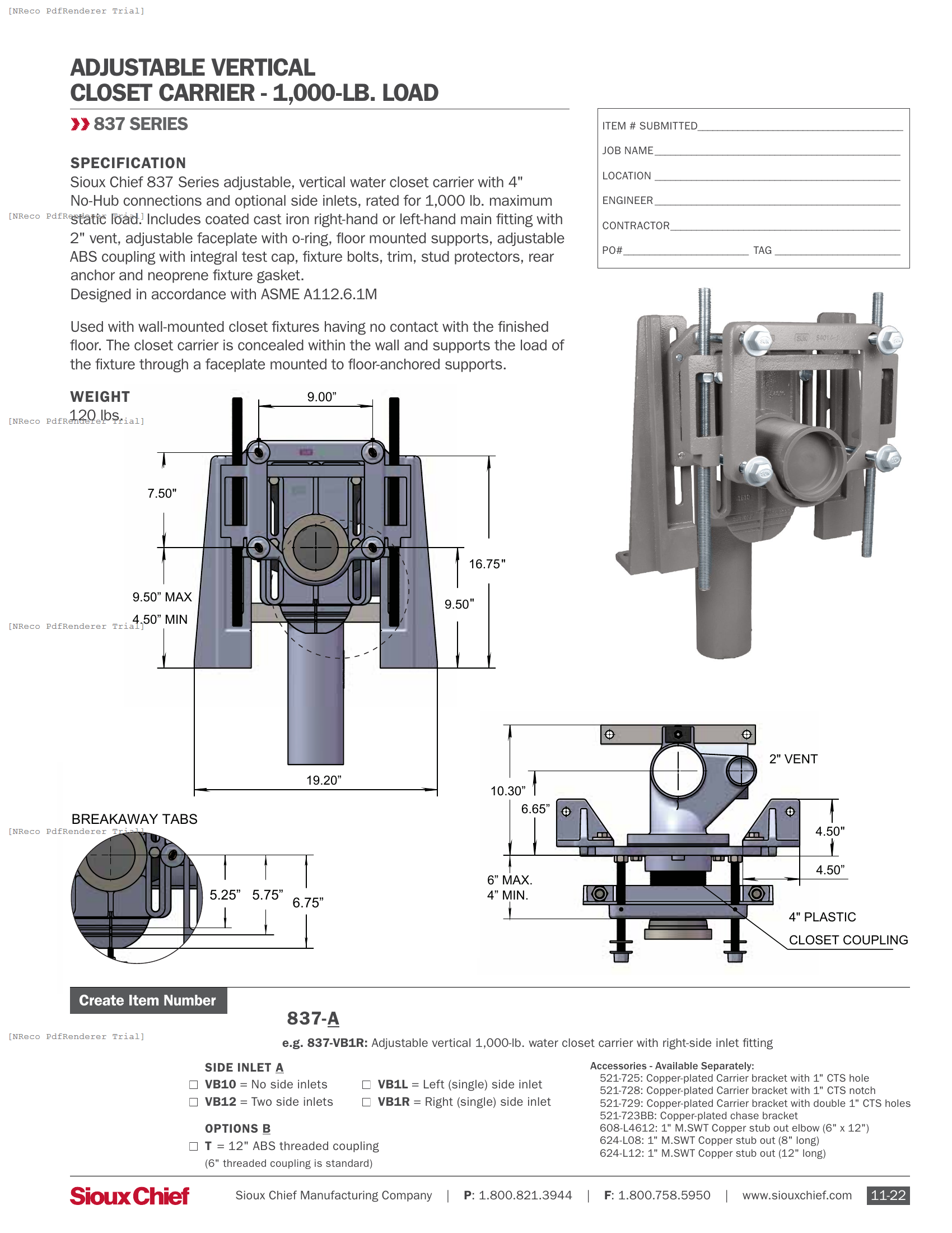 837-VB1 SERIES - CLOSET CARRIER - SPEC SHEET.PDF Specification Document